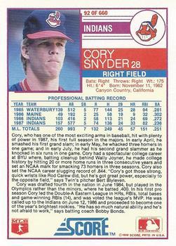 1988 Score - Glossy #92 Cory Snyder Back