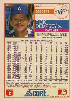 1988 Score Rookie & Traded - Glossy #32T Rick Dempsey Back