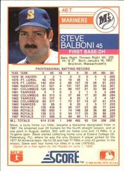 1988 Score Rookie & Traded - Glossy #46T Steve Balboni Back