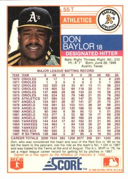 1988 Score Rookie & Traded - Glossy #55T Don Baylor Back
