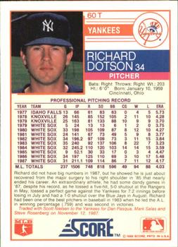 1988 Score Rookie & Traded - Glossy #60T Richard Dotson Back