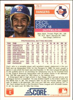 1988 Score Rookie & Traded - Glossy #73T Cecil Espy Back