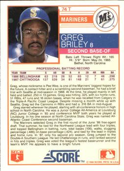 1988 Score Rookie & Traded - Glossy #74T Greg Briley Back
