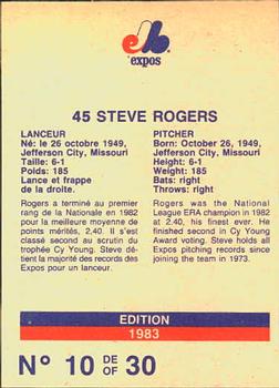 1983 Stuart Bakery Montreal Expos #10 Steve Rogers Back