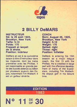 1983 Stuart Bakery Montreal Expos #11 Billy DeMars Back