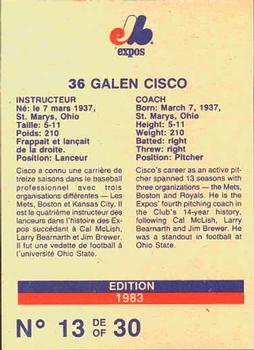 1983 Stuart Bakery Montreal Expos #13 Galen Cisco Back