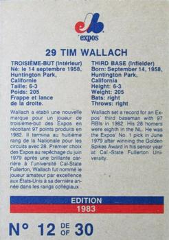 1983 Stuart Bakery Montreal Expos #12 Tim Wallach Back