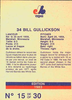 1983 Stuart Bakery Montreal Expos #15 Bill Gullickson Back