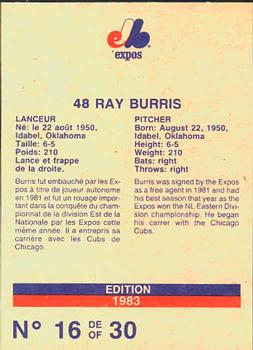1983 Stuart Bakery Montreal Expos #16 Ray Burris Back