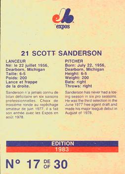 1983 Stuart Bakery Montreal Expos #17 Scott Sanderson Back