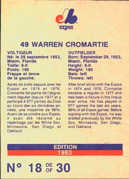 1983 Stuart Bakery Montreal Expos #18 Warren Cromartie Back