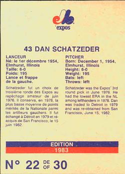 1983 Stuart Bakery Montreal Expos #22 Dan Schatzeder Back