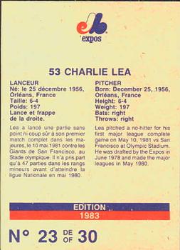 1983 Stuart Bakery Montreal Expos #23 Charlie Lea Back