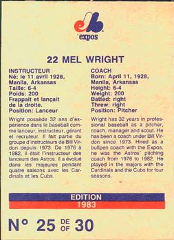 1983 Stuart Bakery Montreal Expos #25 Mel Wright Back