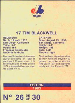1983 Stuart Bakery Montreal Expos #26 Tim Blackwell Back