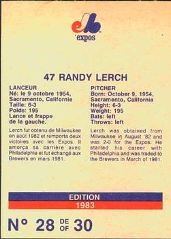 1983 Stuart Bakery Montreal Expos #28 Randy Lerch Back