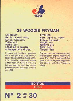 1983 Stuart Bakery Montreal Expos #2 Woodie Fryman Back