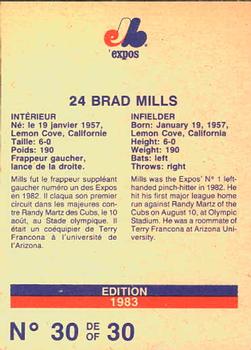 1983 Stuart Bakery Montreal Expos #30 Brad Mills Back