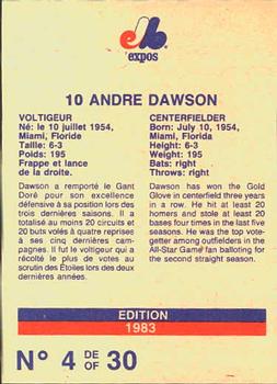 1983 Stuart Bakery Montreal Expos #4 Andre Dawson Back