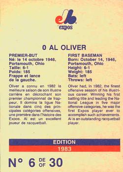 1983 Stuart Bakery Montreal Expos #6 Al Oliver Back
