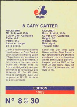 1983 Stuart Bakery Montreal Expos #8 Gary Carter Back