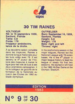 1983 Stuart Bakery Montreal Expos #9 Tim Raines Back