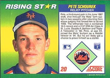 1992 Score 100 Rising Stars #20 Pete Schourek Back