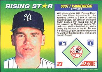 1992 Score 100 Rising Stars #23 Scott Kamieniecki Back