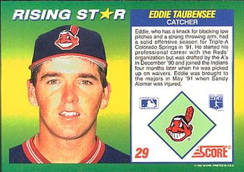 1992 Score 100 Rising Stars #29 Eddie Taubensee Back