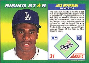 1992 Score 100 Rising Stars #31 Jose Offerman Back