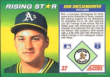 1992 Score 100 Rising Stars #37 Kirk Dressendorfer Back