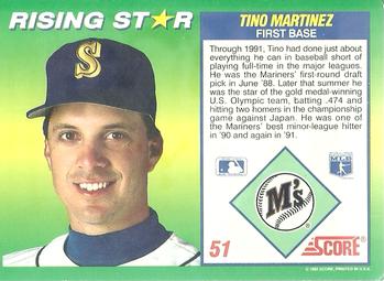 1992 Score 100 Rising Stars #51 Tino Martinez Back