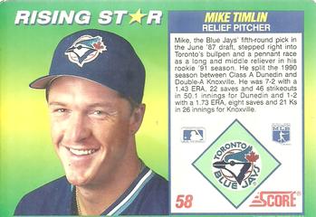 1992 Score 100 Rising Stars #58 Mike Timlin Back