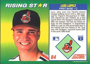 1992 Score 100 Rising Stars #84 Luis Lopez Back