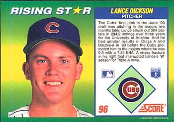 1992 Score 100 Rising Stars #96 Lance Dickson Back