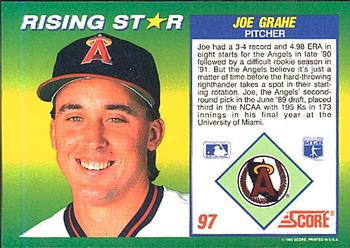 1992 Score 100 Rising Stars #97 Joe Grahe Back