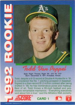 1992 Score Rookies #1 Todd Van Poppel Back
