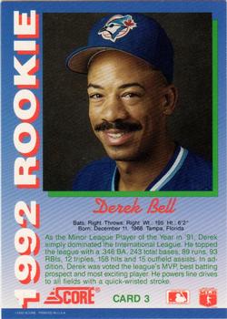 1992 Score Rookies #3 Derek Bell Back