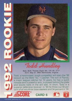 1992 Score Rookies #6 Todd Hundley Back