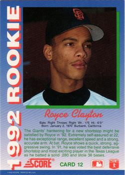 1992 Score Rookies #12 Royce Clayton Back