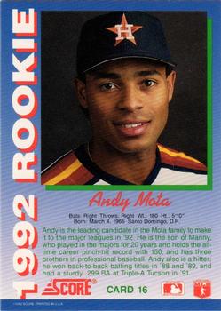 1992 Score Rookies #16 Andy Mota Back