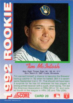 1992 Score Rookies #20 Tim McIntosh Back