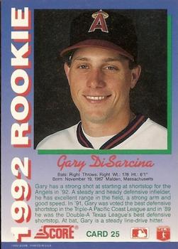 1992 Score Rookies #25 Gary DiSarcina Back