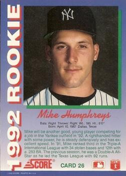 1992 Score Rookies #26 Mike Humphreys Back