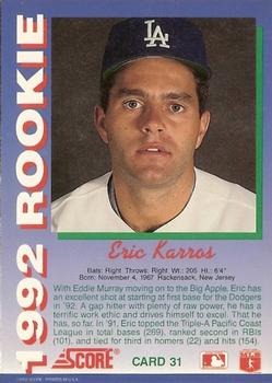 1992 Score Rookies #31 Eric Karros Back