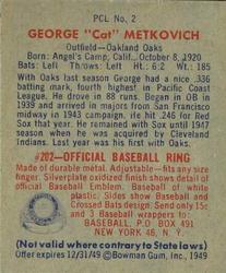1949 Bowman PCL #2 George Metkovich Back