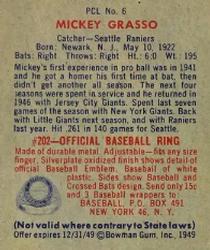 1949 Bowman PCL #6 Mickey Grasso Back