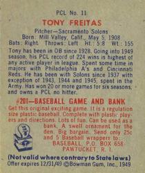 1949 Bowman PCL #11 Tony Freitas Back
