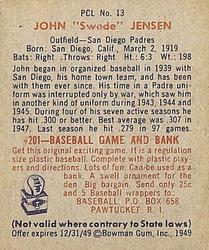 1949 Bowman PCL #13 John Jensen Back