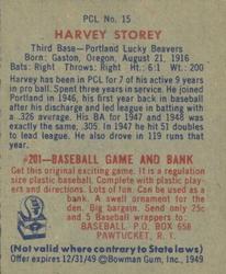 1949 Bowman PCL #15 Harvey Storey Back